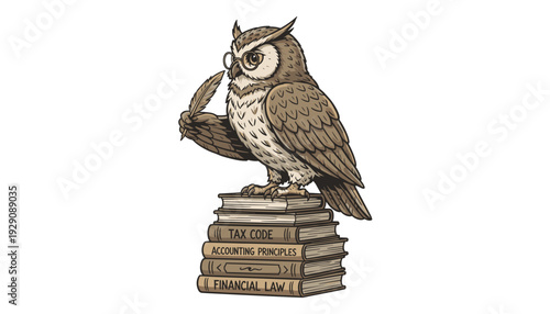 Wise Owl in Glasses holding Quill on Tax Books, Tax Accounting Finance Law Expertise, Hand-Drawn Cartoon Brown, Isolated Vector Illustration