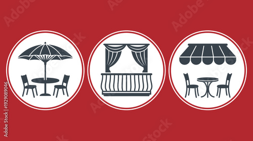 Outdoor Seating and Awning Icon Set – Patio Table, Balcony, and Café Canopy Symbols for Hospitality Graphics and Alfresco Dining Design Projects