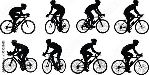 Cyclist silhouette illustration, bicycle rider vector, sports action design, cycling posture variations, bike ergonomics, athletic movement, dark blue silhouettes, cycling icons, sports training set