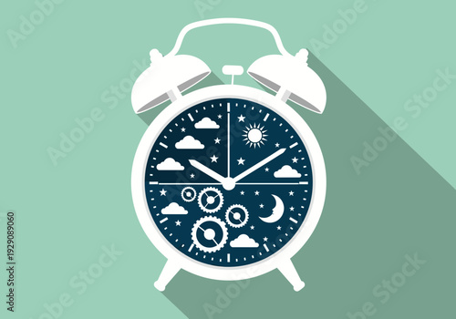 Day and night cycle alarm clock with gears, flat design illustration
