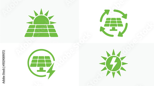 Green solar energy icons with sun and electricity symbols on light gray background