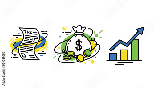 Tax Form Money Bag Growth Chart Filing Savings Rising Trends Finance Economy Business Outline Flat Colorful Vector Illustration White Background