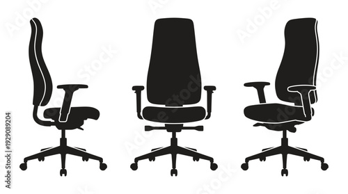 Modern Office Chair Silhouette Set – Ergonomic Seating Icons Featuring Swivel Base, Adjustable Armrests, and Headrests for Workplace Graphics and Furniture Design Projects
