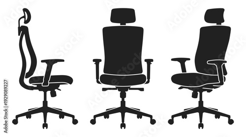 Modern Office Chair Silhouette Set – Ergonomic Seating Icons Featuring Swivel Base, Adjustable Armrests, and Headrests for Workplace Graphics and Furniture Design Projects