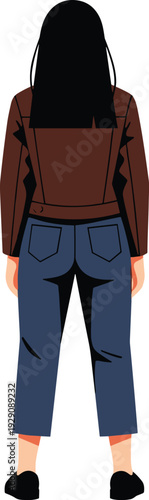 Woman wearing brown jacket blue jeans and black shoes standing with back to viewer