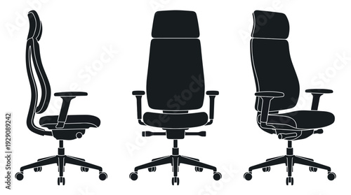 Modern Office Chair Silhouette Set – Ergonomic Seating Icons Featuring Swivel Base, Adjustable Armrests, and Headrests for Workplace Graphics and Furniture Design Projects