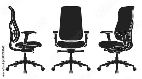 Modern Office Chair Silhouette Set – Ergonomic Seating Icons Featuring Swivel Base, Adjustable Armrests, and Headrests for Workplace Graphics and Furniture Design Projects