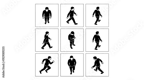 Walking Person Silhouette Icon Set – Dynamic Human Poses Featuring Step-by-Step Movement for Fitness, Lifestyle, and Motion Graphics Design Projects