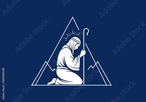 Kneeling shepherd figure inside a mountain triangle outline