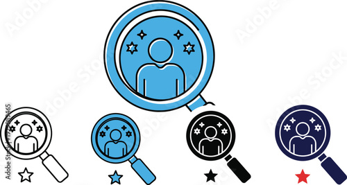 Customer review and user rating magnifying glass icon set for feedback evaluation testimonial quality assessment and satisfaction concept design.