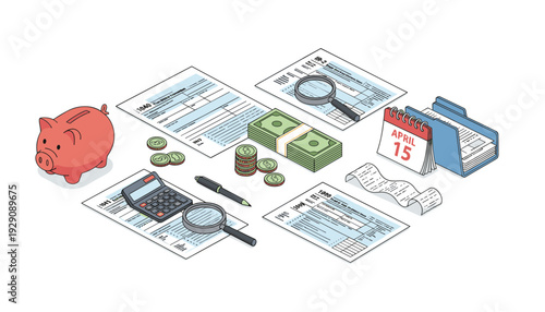 Tax forms, money, and financial elements arranged for filing and accounting, representing personal finance and business, in a colorful hand-drawn isometric vector on a clean white background.