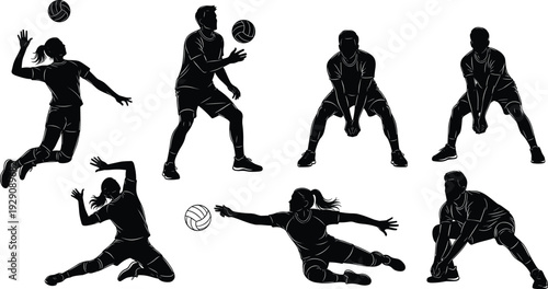 Volleyball player silhouette, sports action vector, athletic illustration design, jumping spike, diving save, serving ball, blocking move, receiving pass, dynamic poses, sports icons set