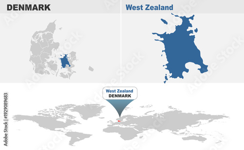 West Zealand map showing highlighted location in Europe.