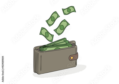 Cash bursting out of a brown leather wallet in a financial transaction scene