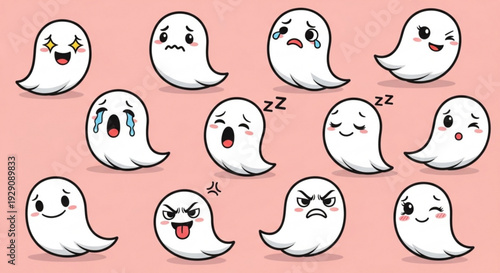 Cute ghost emojis showing various emotions on pink background