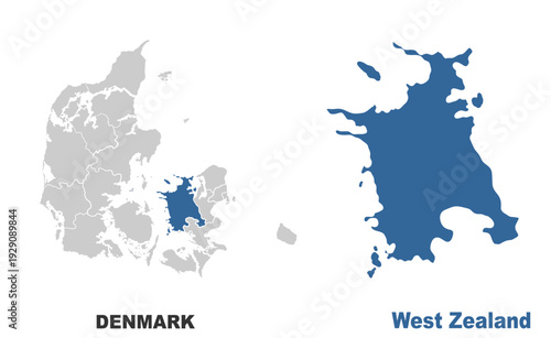 West Zealand map showing highlighted location in Europe.
