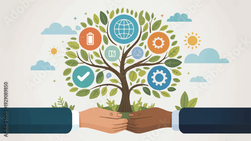 hands holding a tree with eco friendly icons on a light background