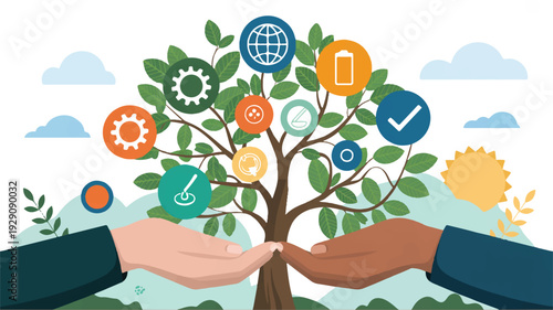 Hands protecting a tree with various icons and symbols on a sunny day with clouds