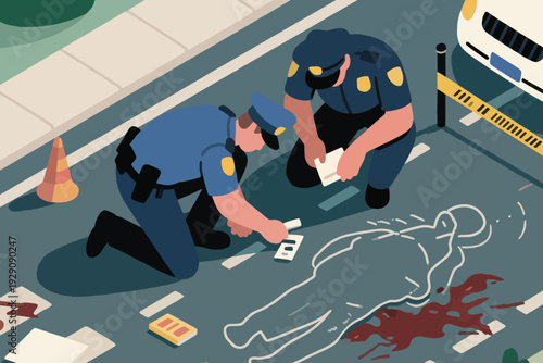 Illustration Of A Police Officer Investigating A Crime At A Crime Scene Vector Design Template