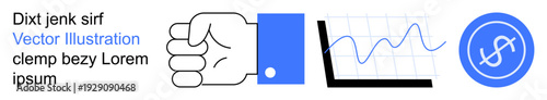 Business finance, analytics, market trends, investing, monetary growth, data analysis. Fist symbol, a chart with a rising line and a dollar sign. Finance and analytics illustration