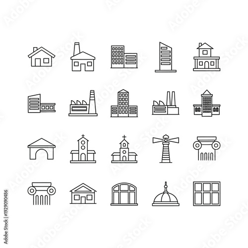 Collection of various building and architectural structure line icons.