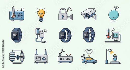 Collection of smart home and internet of things devices icons for modern technology.