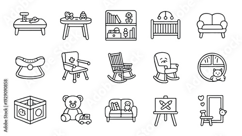 line drawing of various baby and kids room furniture and toys