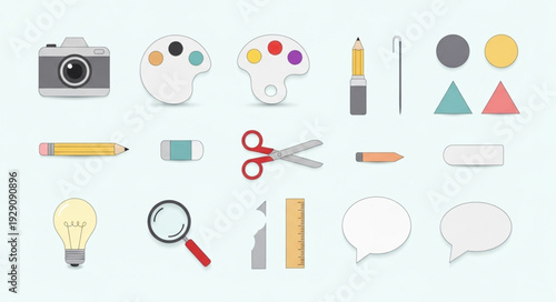 Collection of art and craft supplies, tools, and creative elements.