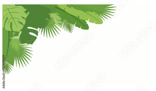 Green Tropical Tree Branch with Lush Leaves Corner Composition Vector Illustration