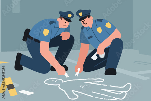 Illustration Of Two Police Officers Marking The Scene Of A Crime Vector Design Template