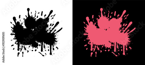 pink ink splatter with horizontal paint drips and dense grunge texture, featuring a wide liquid splash isolated on black and white for edgy graphic design projects
