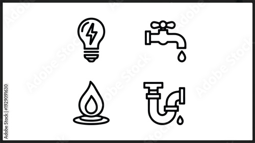 line icons of light bulb water tap flame and sewage pipe  household utilities