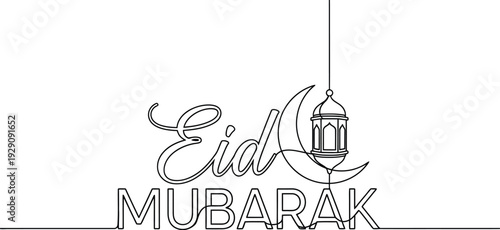 Minimalist continuous line art design features the celebratory greeting Eid Mubarak with a hanging lantern and crescent moon.