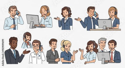 Diverse customer service representatives assisting clients with technology and support.