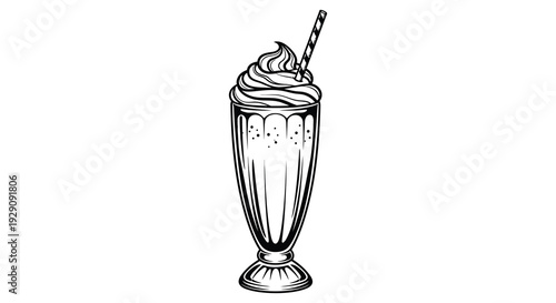 A detailed black and white illustration of a tall milkshake with whipped cream and straw a striking silhouette