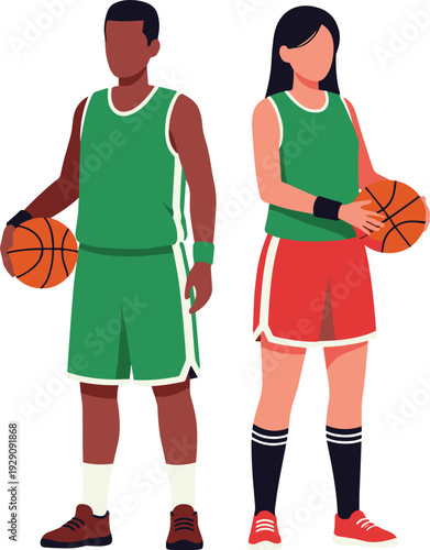 Man and woman in green basketball uniforms holding basketballs green uniform red uniform