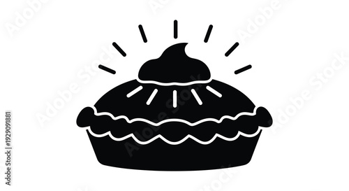 A striking black silhouette of a classic pie with a dollop of whipped cream radiating lines and a detailed crust silhouette