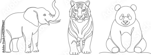 Collection of three distinct endangered wild animals rendered in a continuous single line art style