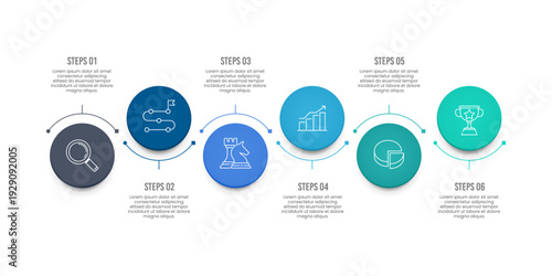 6 Steps circle and curve horizontal infographic design for your business data. Presentation, Timeline, Workflow, Marketing and Strategy. Vector illustration.