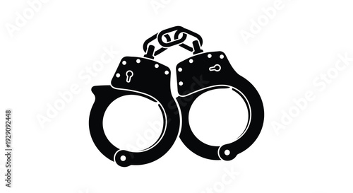 A stark black depiction of metal handcuffs shown against a white background emphasizing law enforcement and restraint silhouette