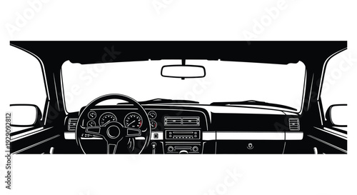 A stark black and white representation of a vehicle s dashboard and interior view from the driver s seat silhouette high quality professional