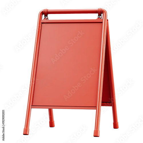 A red metal A-frame signboard stands upright on a plain white background viewed from the front