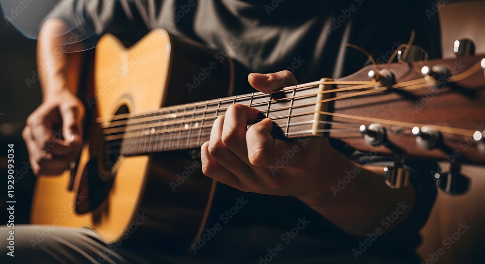 Obraz premium Close-up of a person playing an acoustic guitar with focus on hands and fretboard in a cozy indoor setting for music and entertainment themes