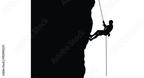 A dramatic depiction of a rock climber descending a steep cliff face captured in stark contrast silhouette high quality