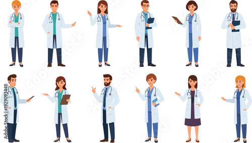 Cartoon doctors and medical professionals in lab coats stethoscopes clipboard