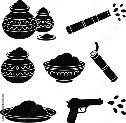 Happy Holi festival elements set featuring traditional earthen pots, bowls of dry color powder, and water gun pichkari icons isolated on a white background.