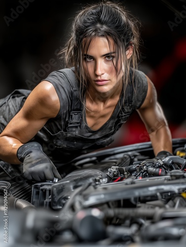 Focused female mechanic repairing an engine in an industrial workshop
