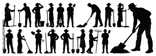 Men Farmer and Gardener Silhouette Collection with Shovels and Rakes Isolated on Transparent Background
