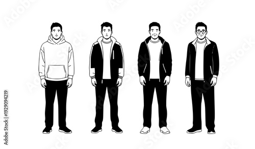 Four men casual outfit lineup minimalist white black green streetwear vector illustration