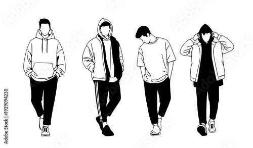 Modern casual men in hoodies and jackets dynamic pose street fashion vector set
